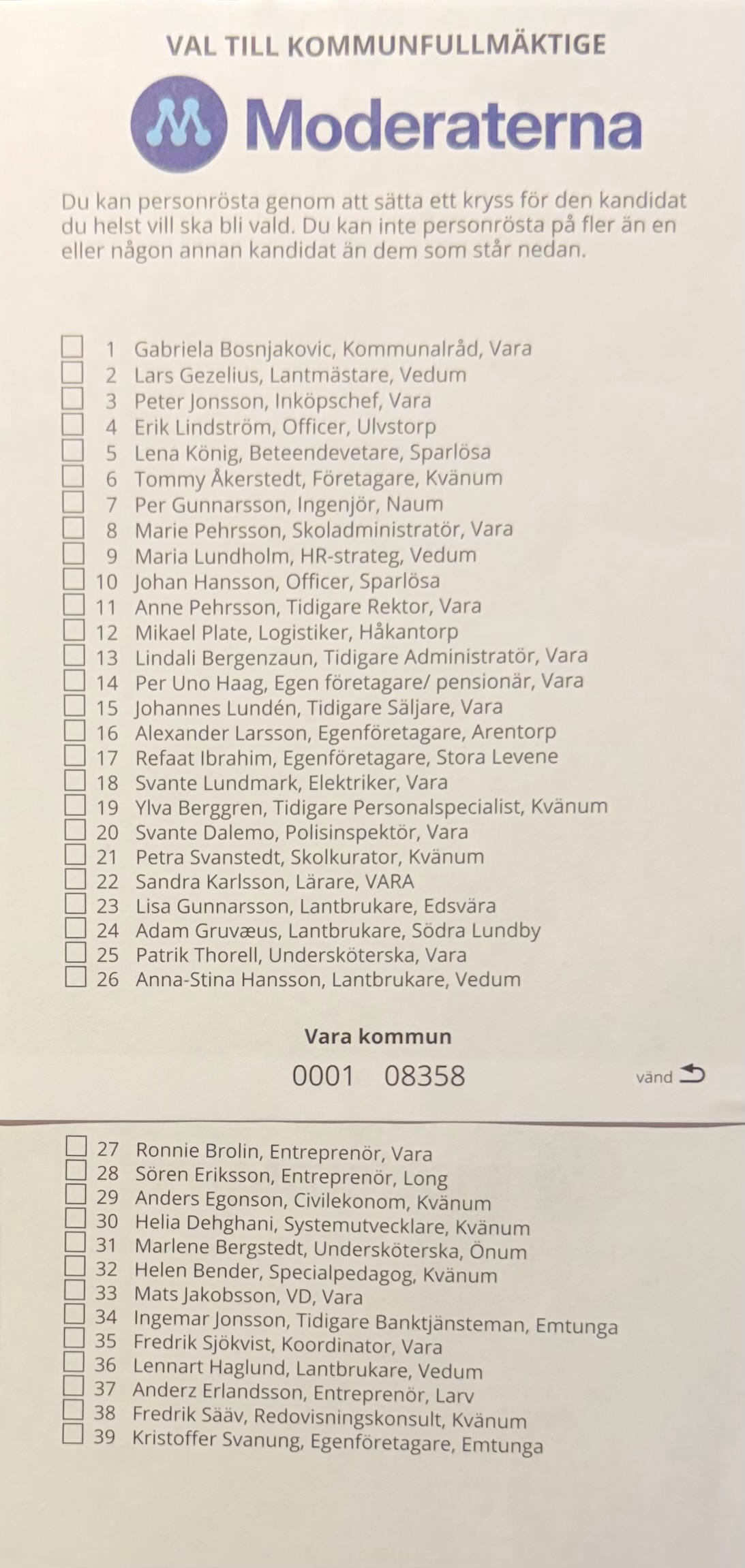 Namnvalsedel kommunfullm&auml;ktige